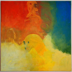 gemaltes Bild in Gelb, Rot und Blau